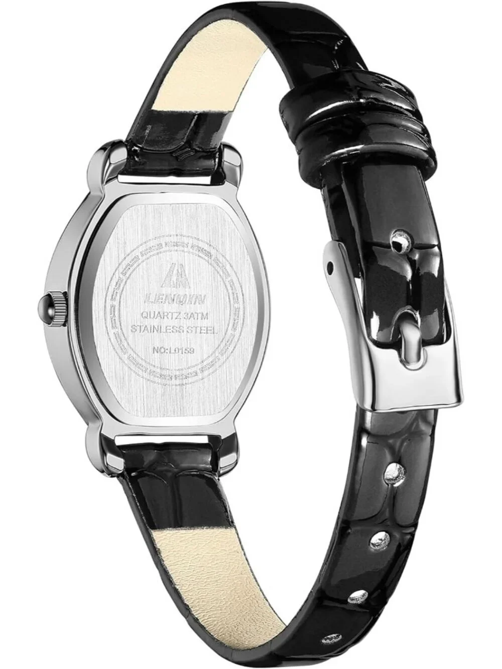 Ln Lenqin Womens Black And Silver Analog Quartz Leather Strap Waterproof Watch